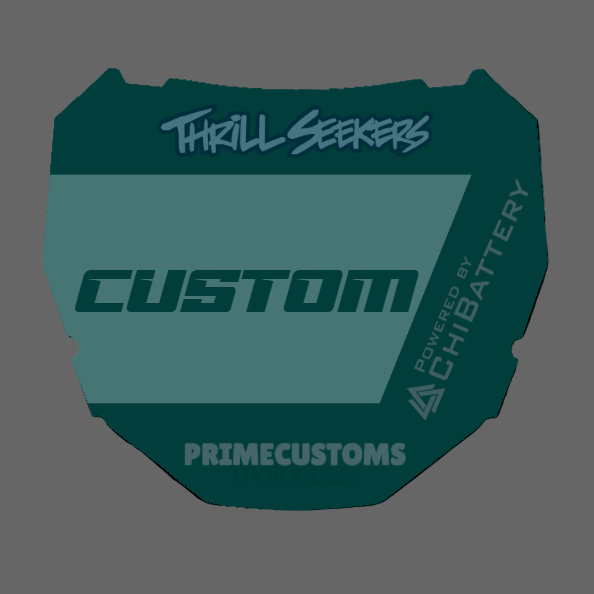 Teal custom motorcycle number plate with branding on a white background