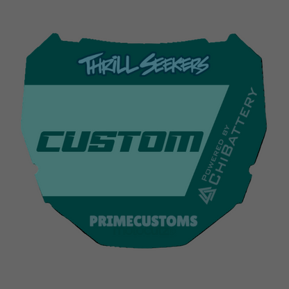 Teal custom motorcycle number plate with branding on a white background